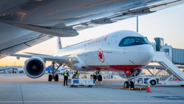 Avion d'Air Canada sur le tarmac avec des membres d'équipage près de la soute à bagages.