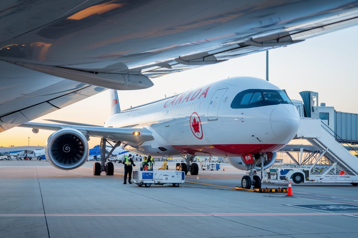 Avion d'Air Canada sur le tarmac avec des membres d'&eacute;quipage pr&egrave;s de la soute &agrave; bagages.
