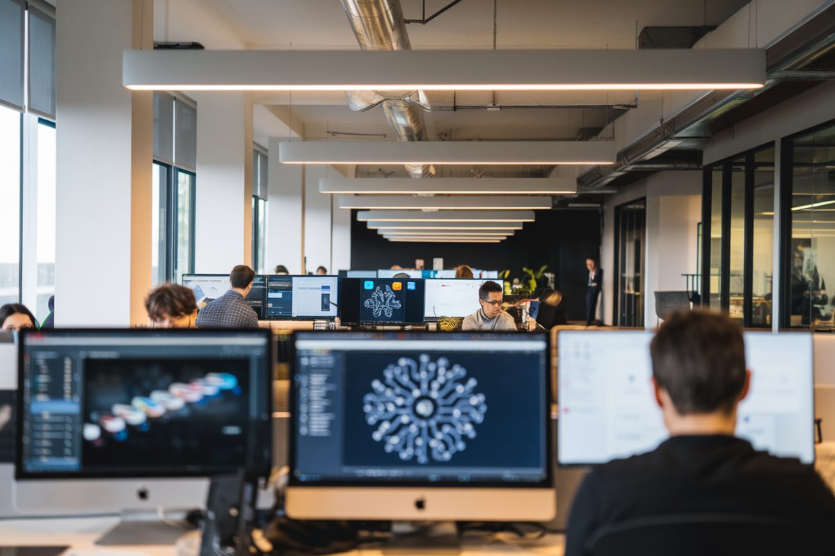 Bureau moderne de France Travail avec outils IA