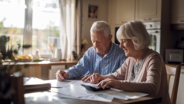 Un couple âgé gère ses finances à table