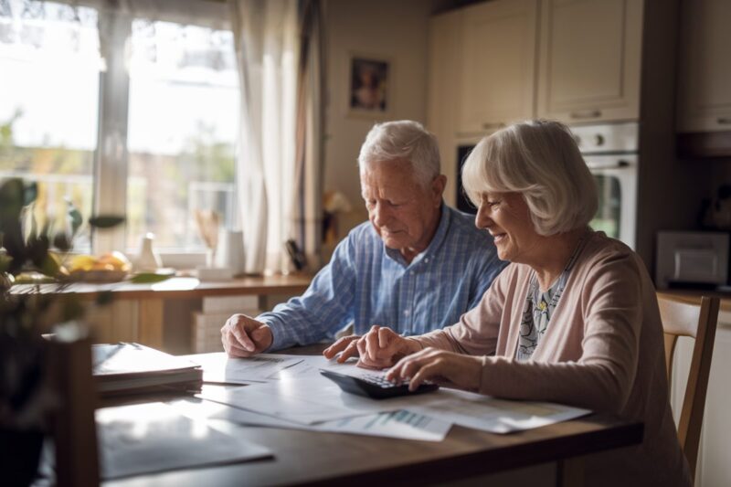 Un couple âgé gère ses finances à table