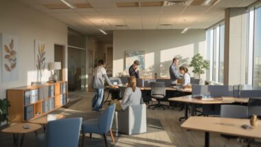 Un bureau calme et des employés en activité de team-building