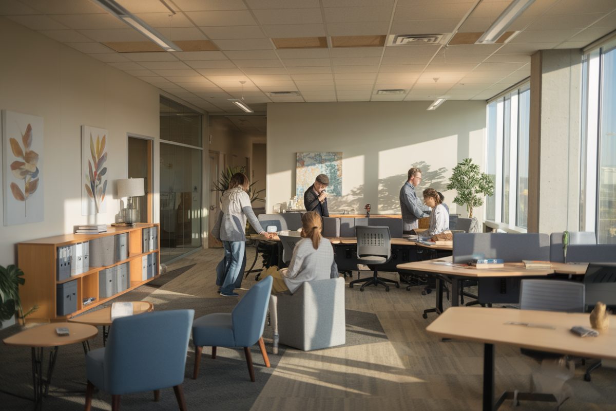 Un bureau calme et des employ&eacute;s en activit&eacute; de team-building