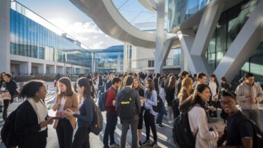 Un campus universitaire animé en France avec des étudiants divers