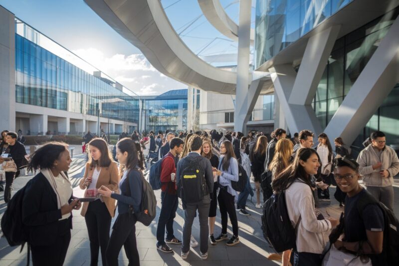 Un campus universitaire animé en France avec des étudiants divers
